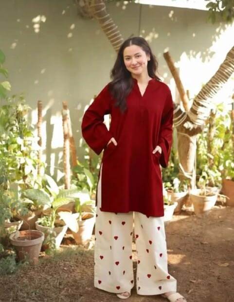 Maroon Solid Kurti with Heart Print Farshi Salwar Set