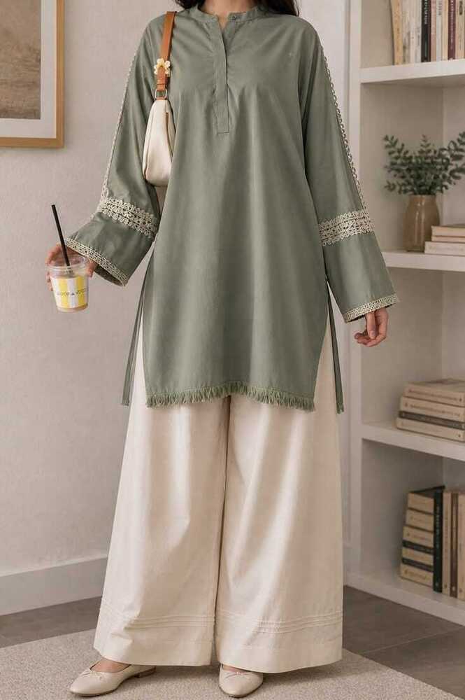 Sage Green Lace Sleeve Kurti with White Farshi Salwar Set