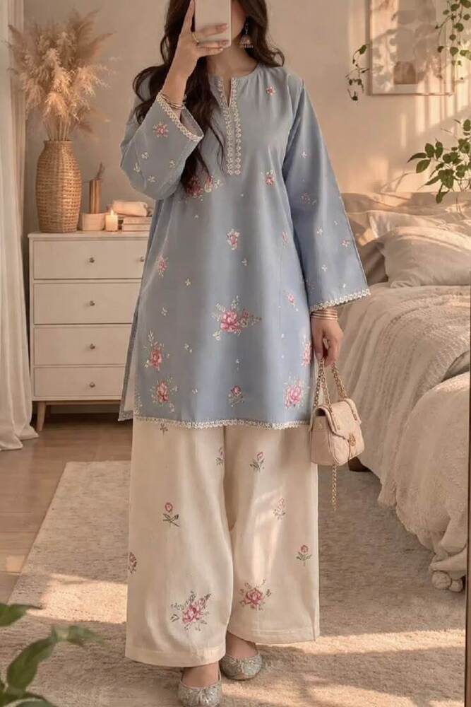 Powder Blue Floral Embroidered Kurti with Farshi Salwar Set