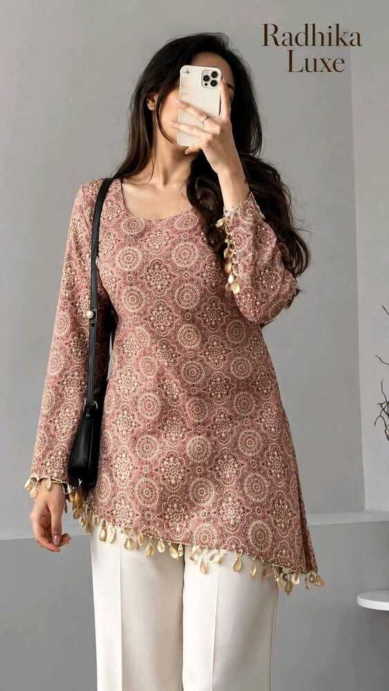 Dusty Rose Printed Kurti with Tassel Hem Farshi Salwar Set