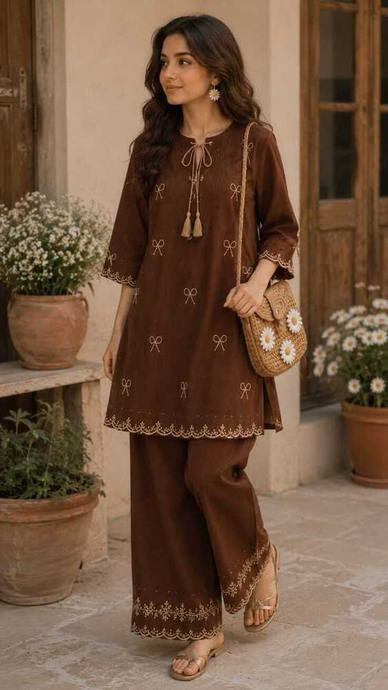 Chocolate Brown Embroidered Kurti With Matching Farshi Salwar Set - Color: Customized