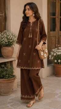 Chocolate Brown Embroidered Kurti With Matching Farshi Salwar Set
