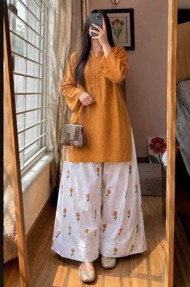 Mustard Yellow Straight Kurti with Floral Printed Farshi Salwar Set