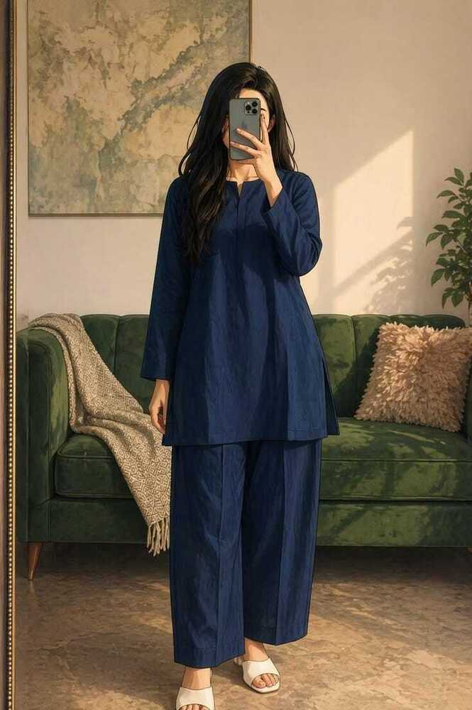 Navy Blue Solid Cotton Kurti with Matching Farshi Salwar Set