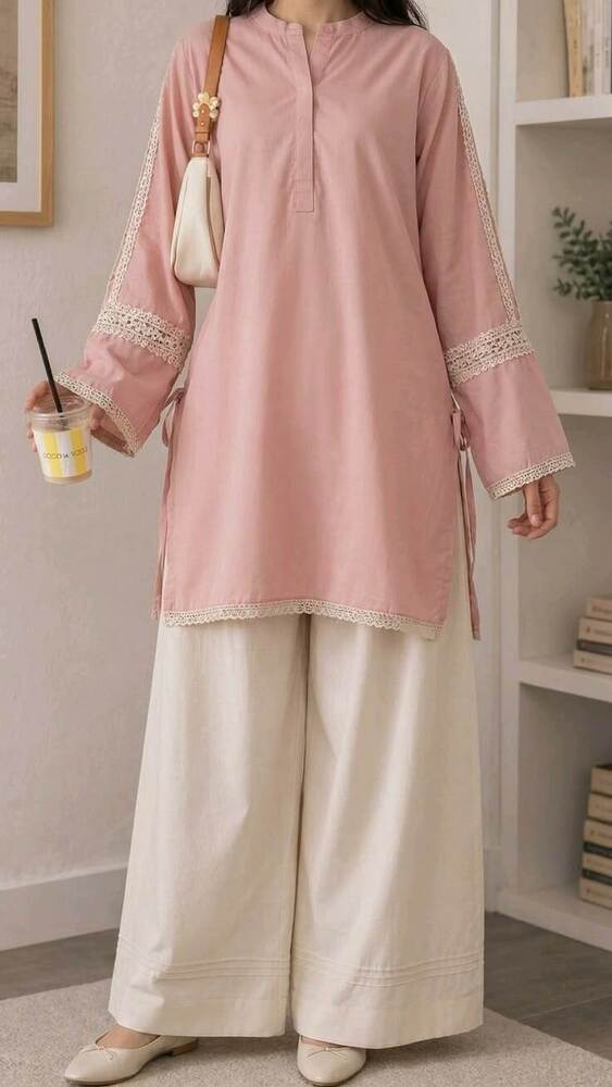 Blush Pink Lace Sleeve Kurti with White Farshi Salwar Set