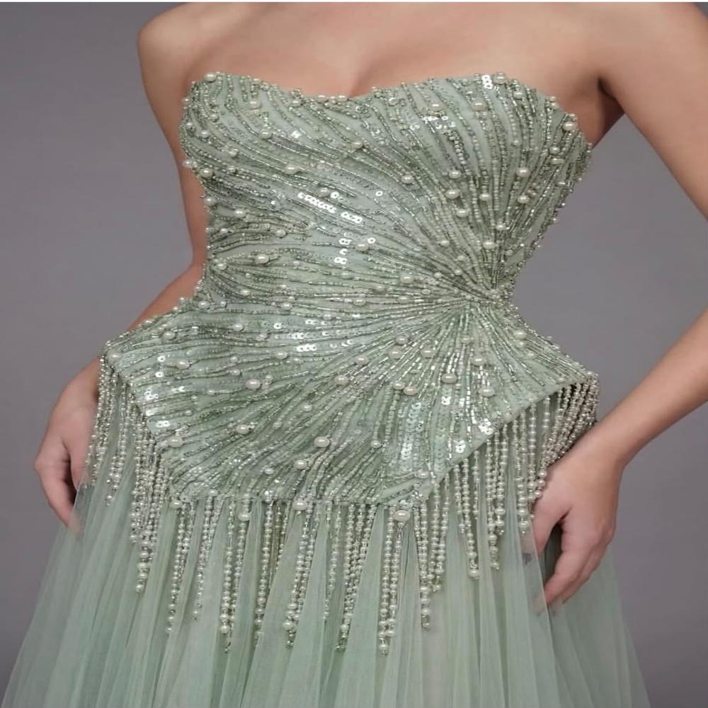 Mint Pearl Cascade Handwork Wedding Dress Bridal Gown