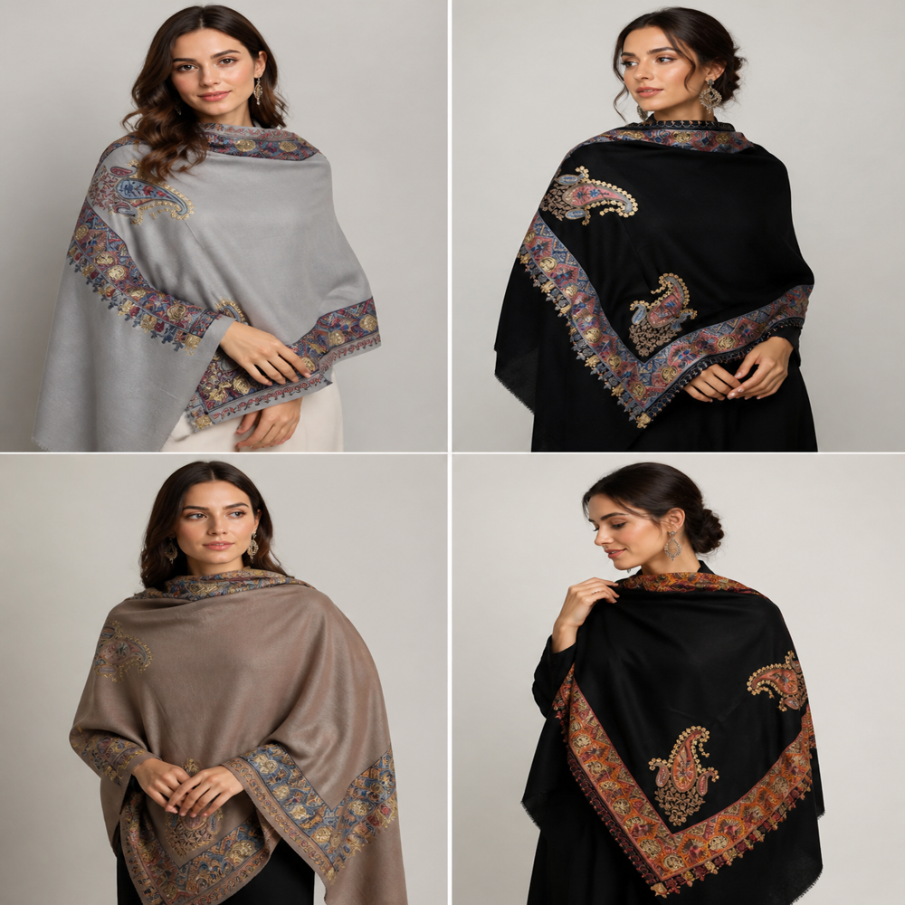 Pure wool intricate embroidered border stoles.