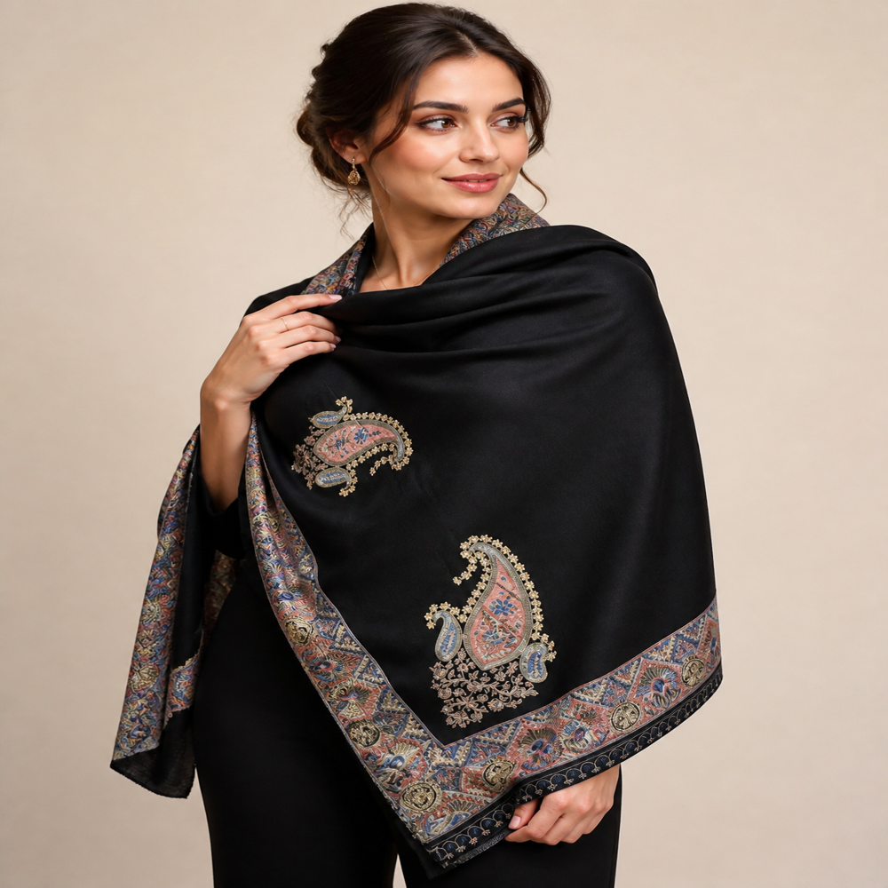 Pure wool intricate embroidered border stoles.
