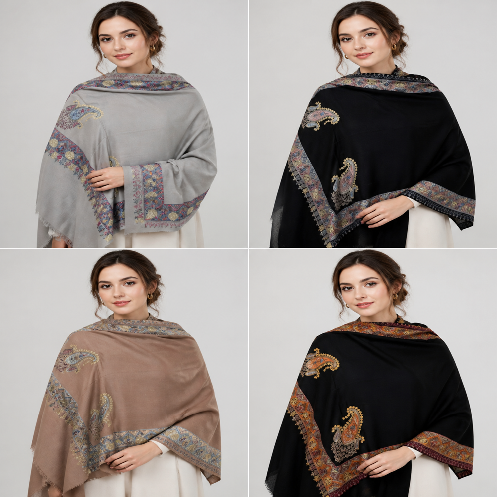 Pure wool intricate embroidered border stoles.