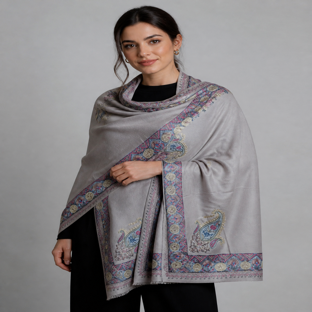 Pure wool intricate embroidered border stoles.