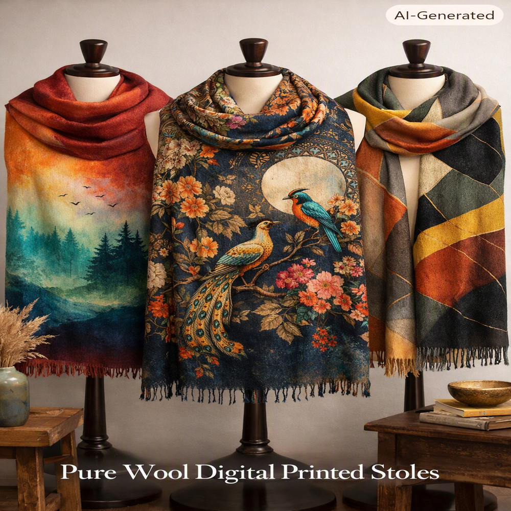 Pure Wool Modern Digital Printed Stoles - Color: Assorted