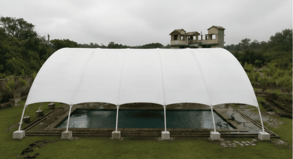 Swimming Pool Tensile Structure - Durable Pvc Panels, Classic White Color | Easy Pole Fitted Connection, Quality Steel Roof