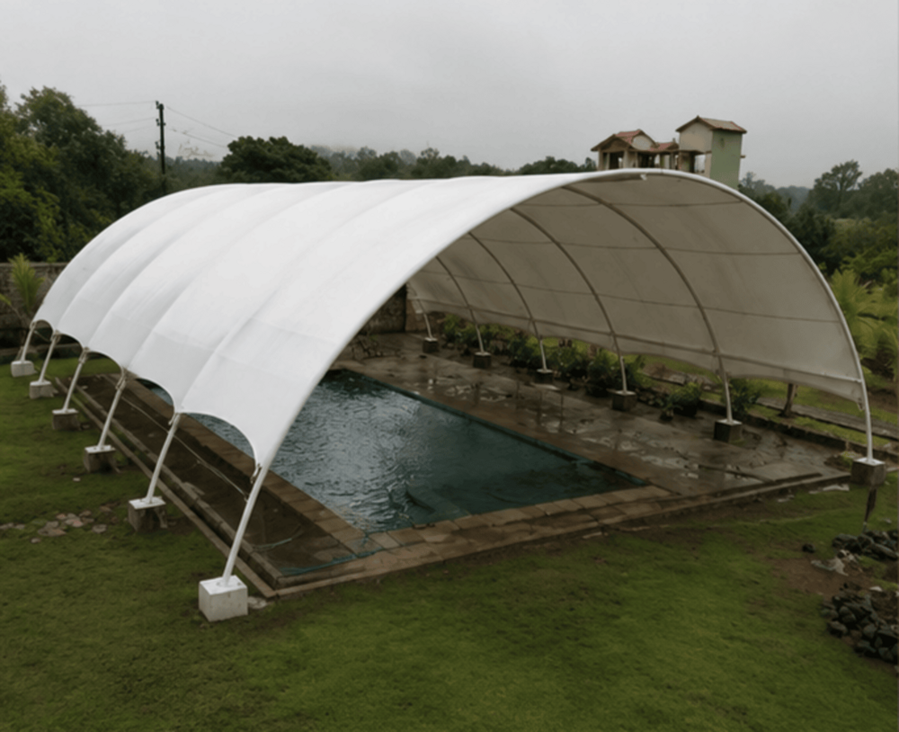 Swimming Pool Tensile Structure - Durable Pvc Panels, Classic White Color | Easy Pole Fitted Connection, Quality Steel Roof