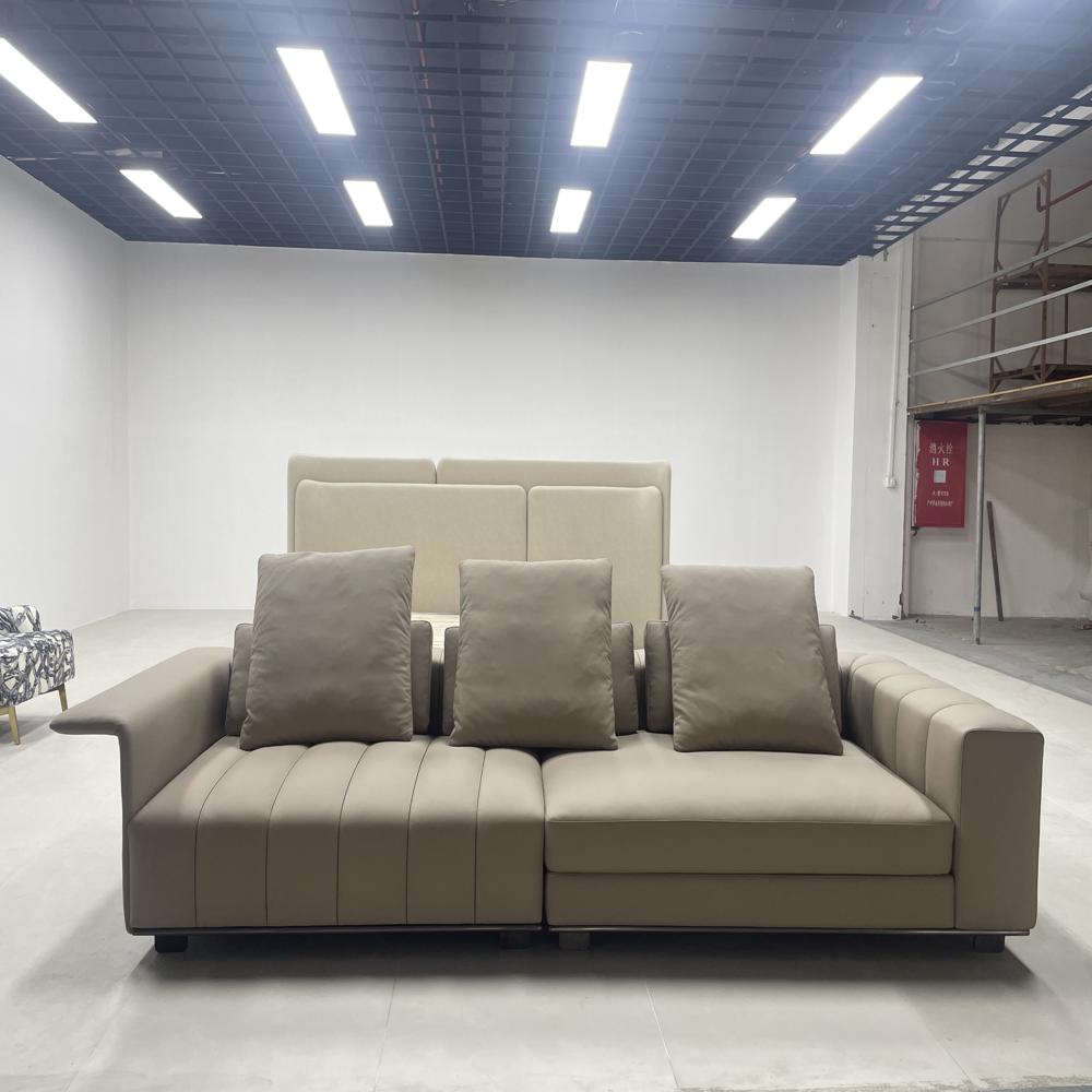 Modern Modular L-Shaped Sofa, Dual-Tone Beige & Tan Upholstered Sectional with Integrated Side Table Luxury Contemporary Sofa Set