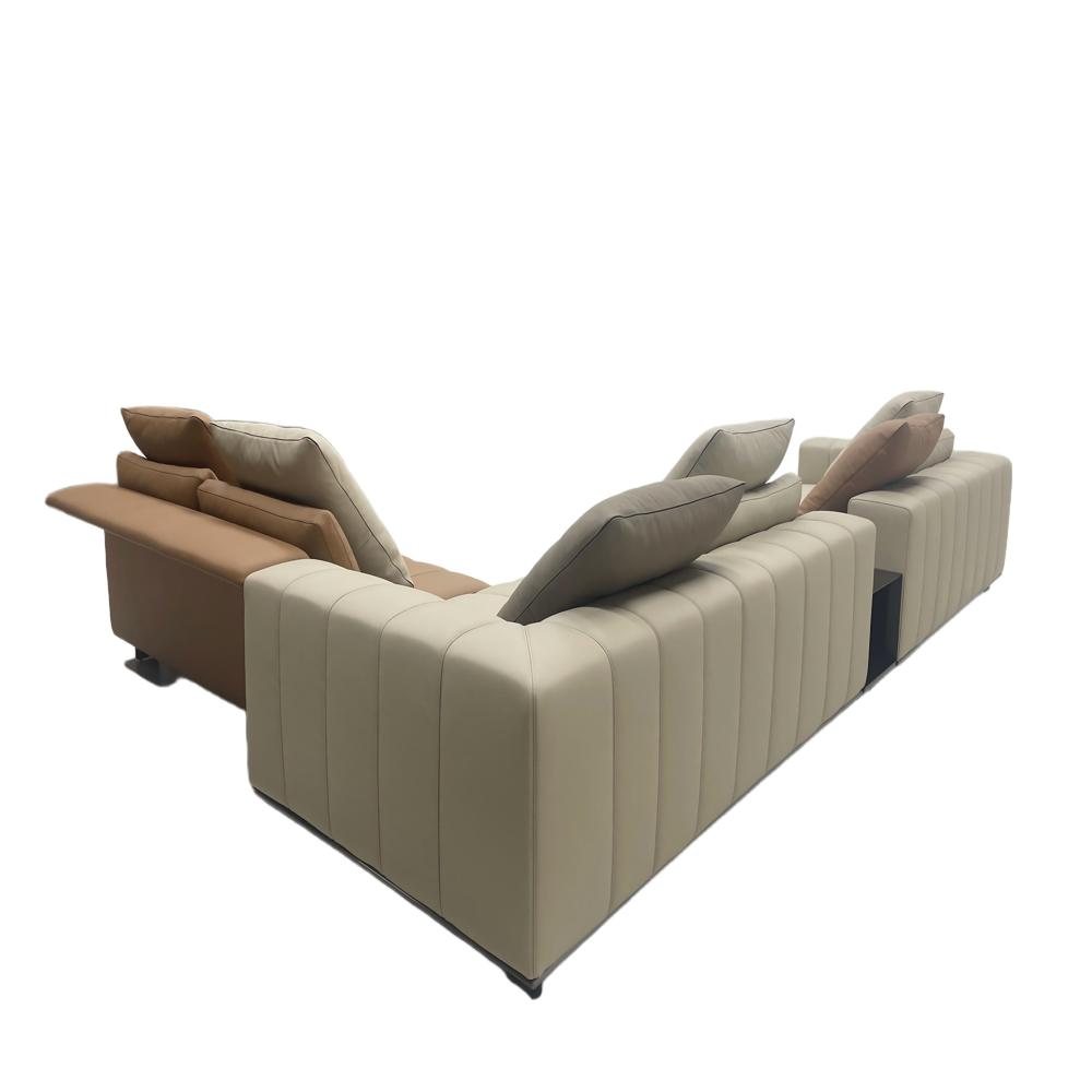 Modern Modular L-Shaped Sofa, Dual-Tone Beige & Tan Upholstered Sectional with Integrated Side Table Luxury Contemporary Sofa Set