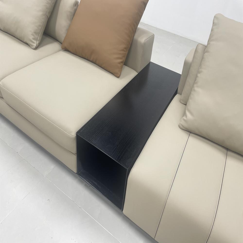 Modern Modular L-Shaped Sofa, Dual-Tone Beige & Tan Upholstered Sectional with Integrated Side Table Luxury Contemporary Sofa Set