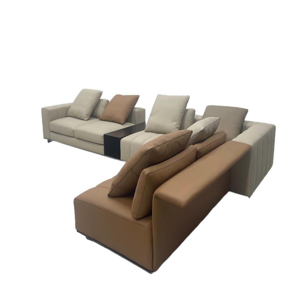Modern Modular L-Shaped Sofa, Dual-Tone Beige & Tan Upholstered Sectional with Integrated Side Table Luxury Contemporary Sofa Set