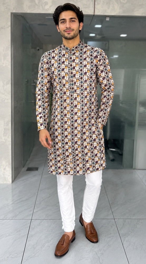 Mens Multicolored Printed Straight Kurta