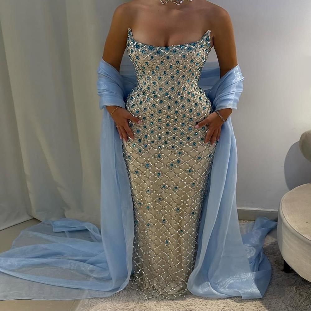 Sky Blue Crystal Luxe Handwork Designer Corset Gown