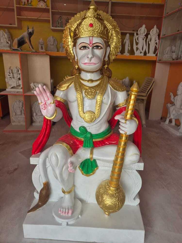 White Gada Dhari Marble Hanuman Statue