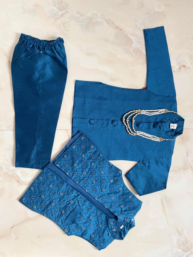 Blue Color Traditional Kurta Pyjama Set With Embroidered Jacket And Mala