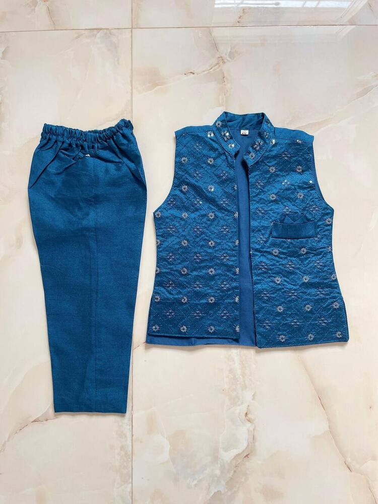 Blue Color Traditional Kurta Pyjama Set With Embroidered Jacket And Mala