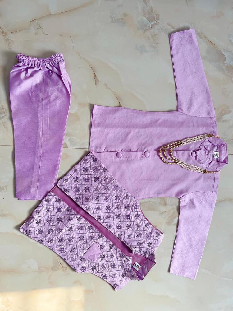 Purple Color Traditional Kurta Pyjama Set With Embroidered Jacket And Mala