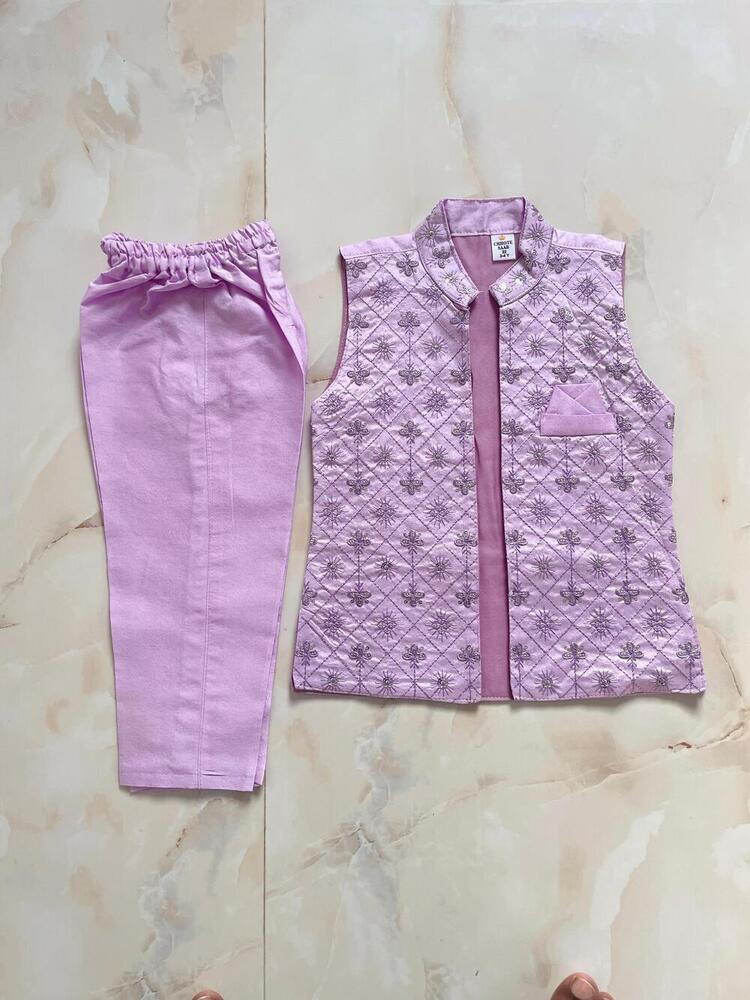 Purple Color Traditional Kurta Pyjama Set With Embroidered Jacket And Mala