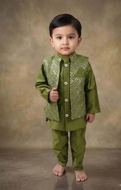 Boys Kurta Pajama Set with Designer Green Jacket