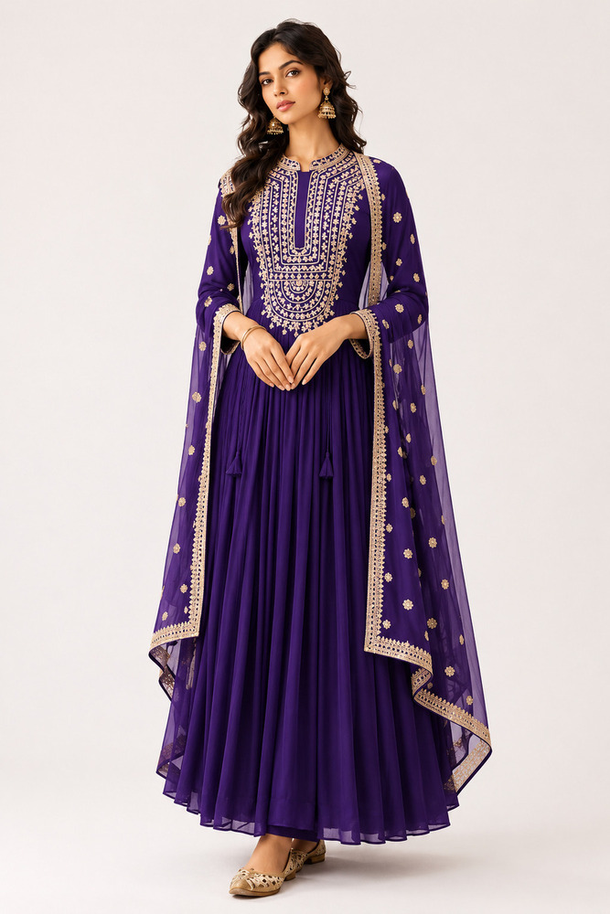 One Piece Mirror Work Anarkali Suit With Belt and Brocade Dupatta