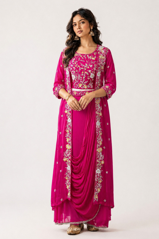 3 Piece Embroidery Work Saree With Jacket Skirt And Blouse