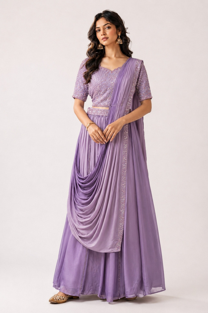 Ladies Indo Western Embroidery Work Saree With Blouse
