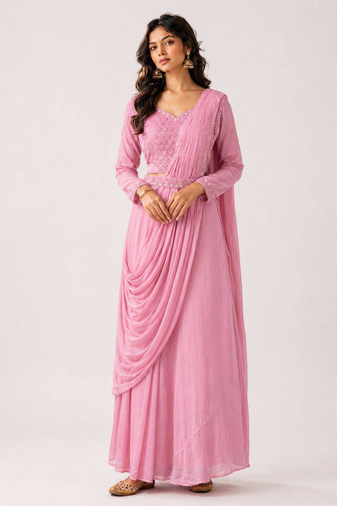 Ladies Indo Western Sequence Work Saree With Belt