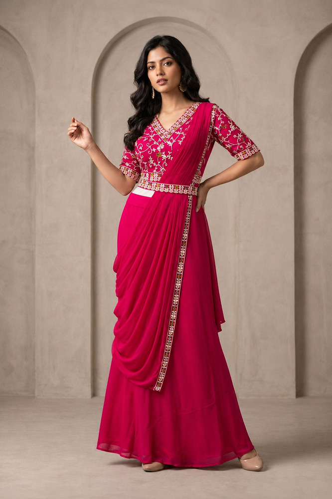 Ladies Indo Western Bead Work Saree With Blouse And Skirt