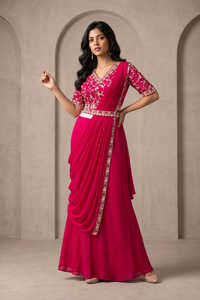Ladies Indo Western Bead Work Saree With Blouse And Skirt