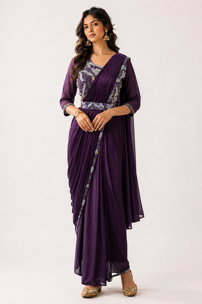 Ladies Indo Western Sequence Work Saree With Blouse