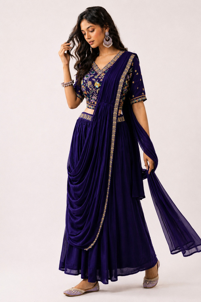 Ladies Aari And Hand Embroidery Work Saree With Blouse And Skirt
