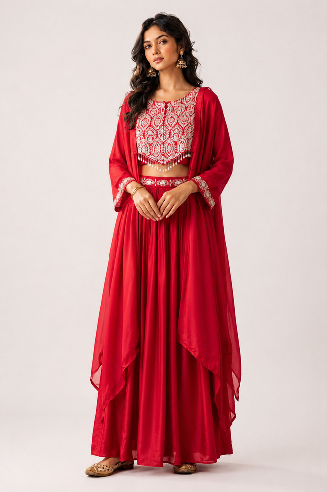 Asymmetric Sequence And Beadwork Crop Top Set With Skirt