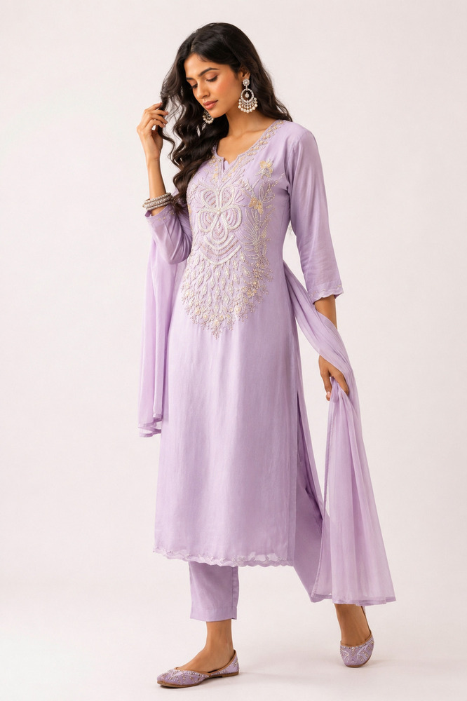 Ladies 3 Piece Bead Work Chudidhar Kurti Set With Dupatta