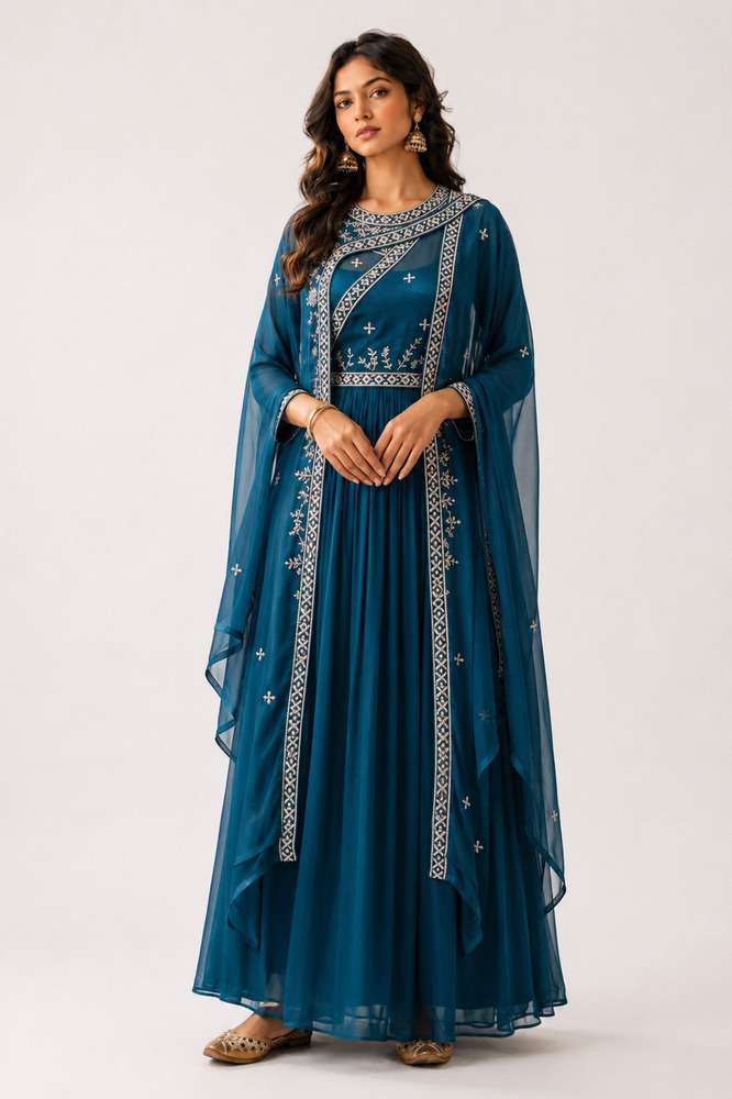 Ladies Elegant Aari Work Anarkali Gown With Jacket