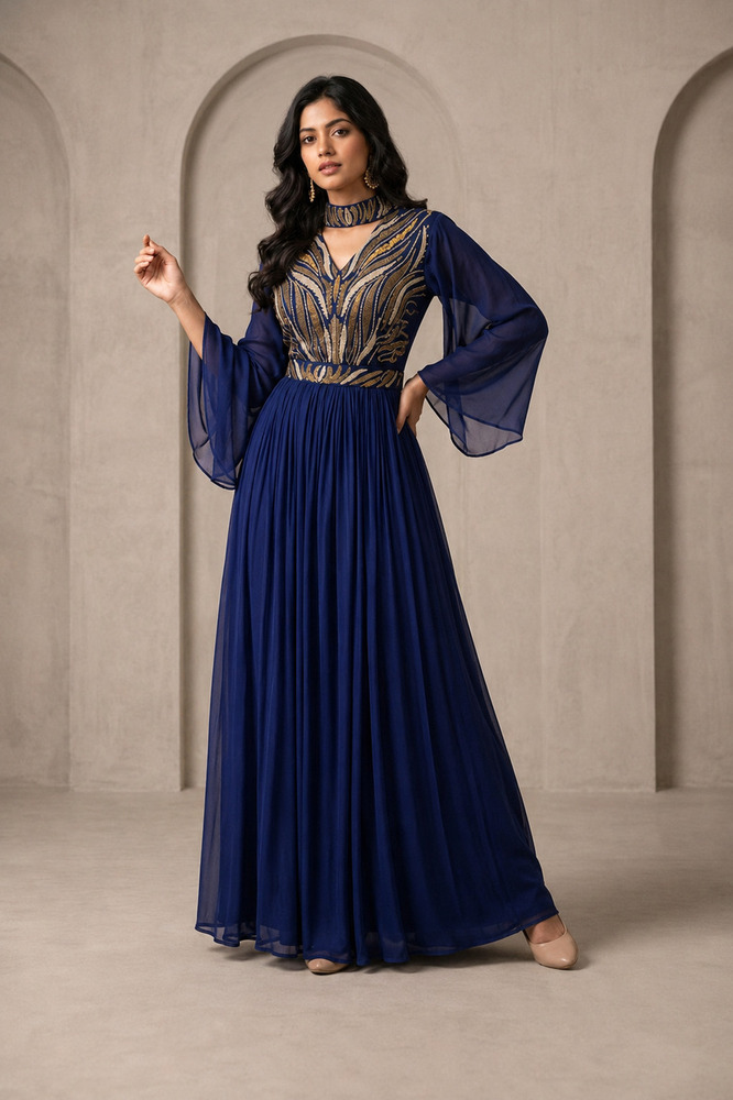 Ladies Handwork Sequence And Bead One Piece Gown With Belt