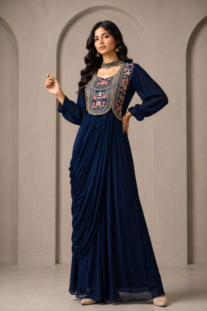 Ladies One Piece Hand Embroidery Draped Gown
