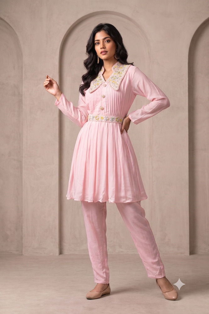 Anarkali Style Embroidery Dress With Pintucks On The Top And Fancy Collar