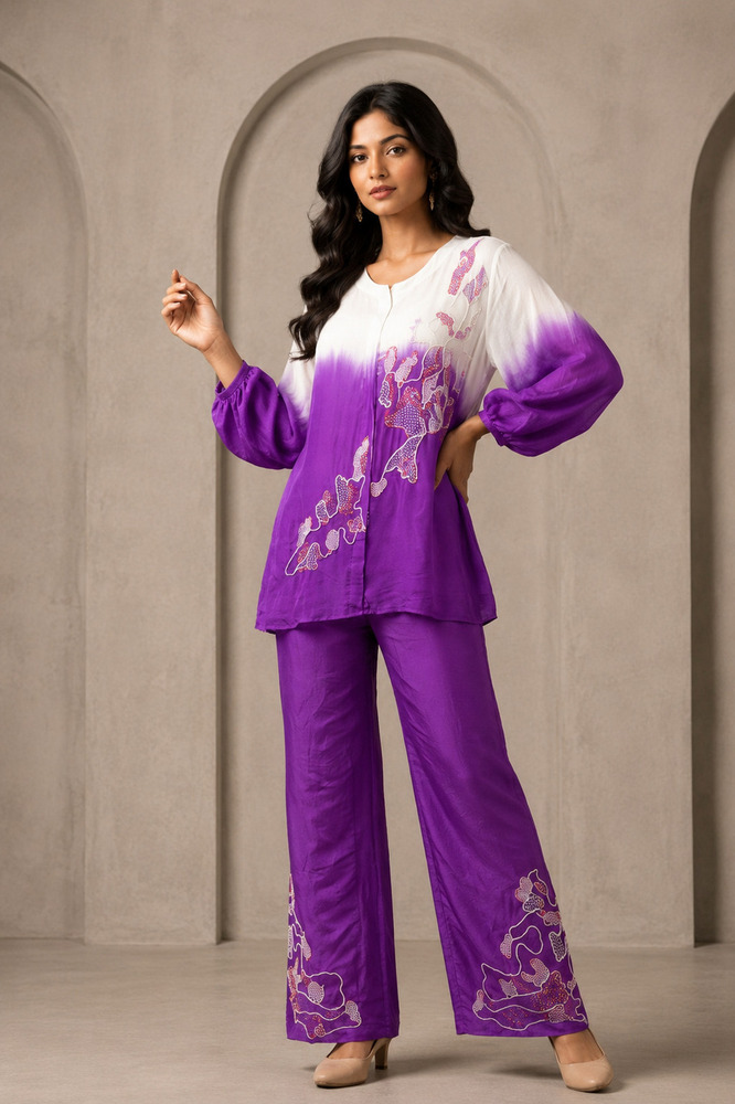 Ladies Purple And White Sequence And Beadwork Co-Ord Set