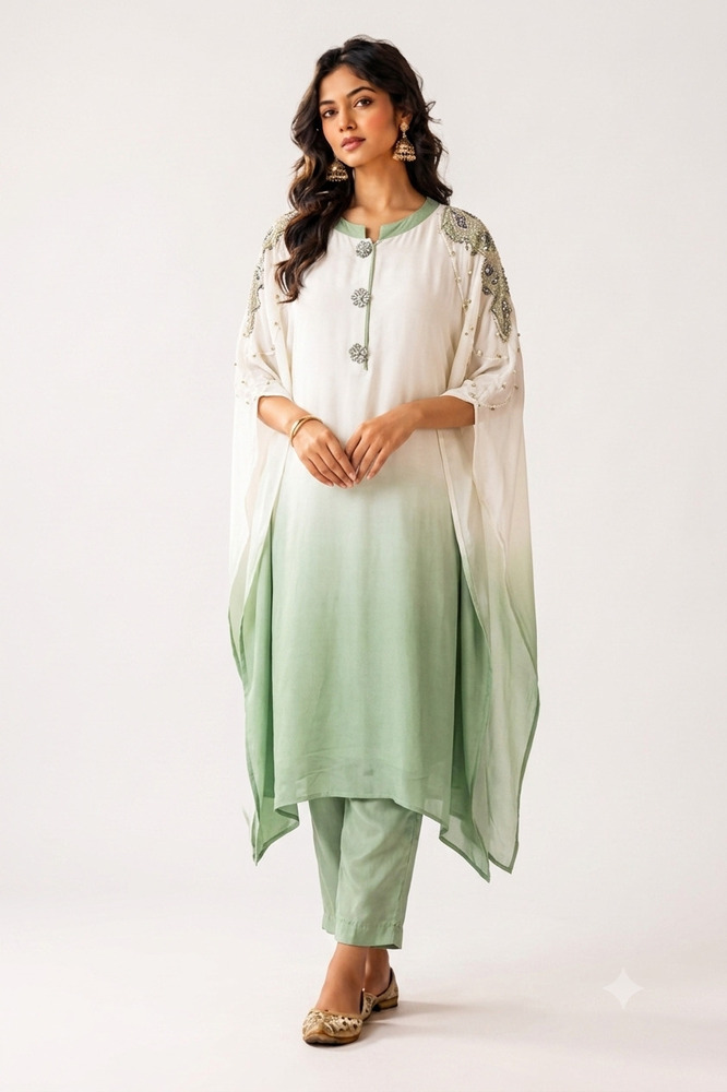 Ladies Sage Green And White Elegant Bead Work Kaftan With Pant