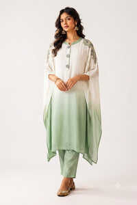 Ladies Sage Green And White Elegant Bead Work Kaftan With Pant