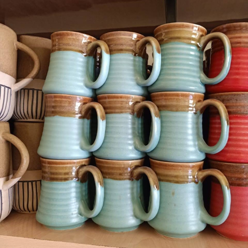 Ceramic Mugs - Stoneware Ceramic, 200-250 Ml, Multicolor, Glossy Glazed | Ribbed Texture, Microwave & Dishwasher Safe, Matching Saucer Set