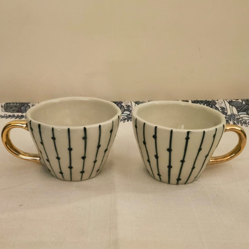 Ceramic Mugs - Stoneware Ceramic, 200-250 Ml, Multicolor, Glossy Glazed | Ribbed Texture, Microwave & Dishwasher Safe, Matching Saucer Set
