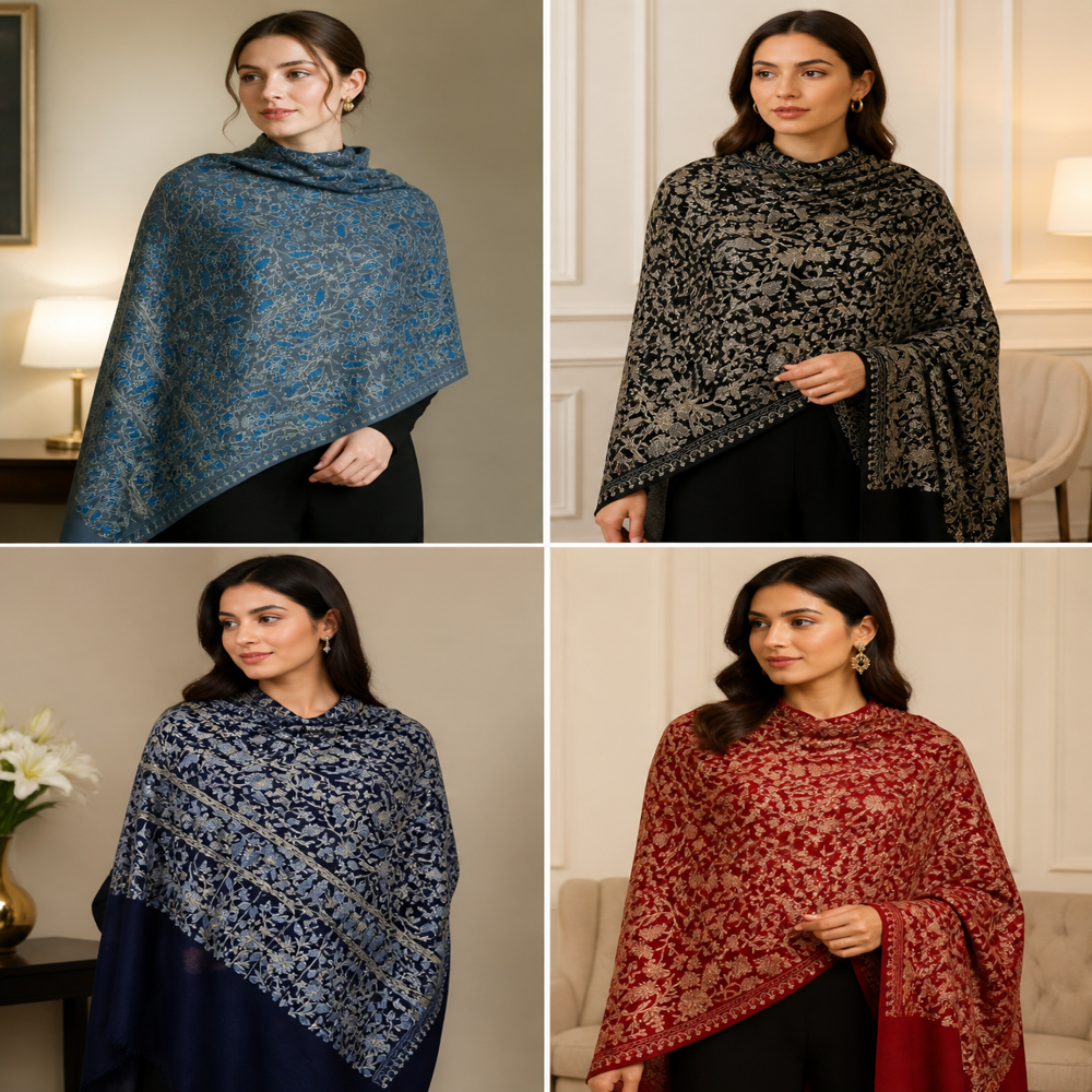 Pure Wool Fine Embroidered Zari Resham Paisley Floral Jaal Stoles.
