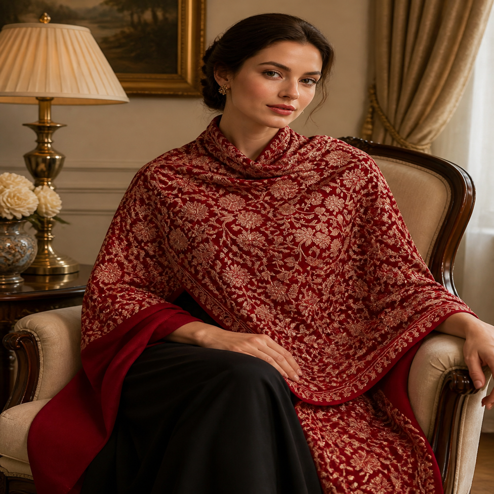 Pure Wool Fine Embroidered Zari Resham Paisley Floral Jaal Stoles.